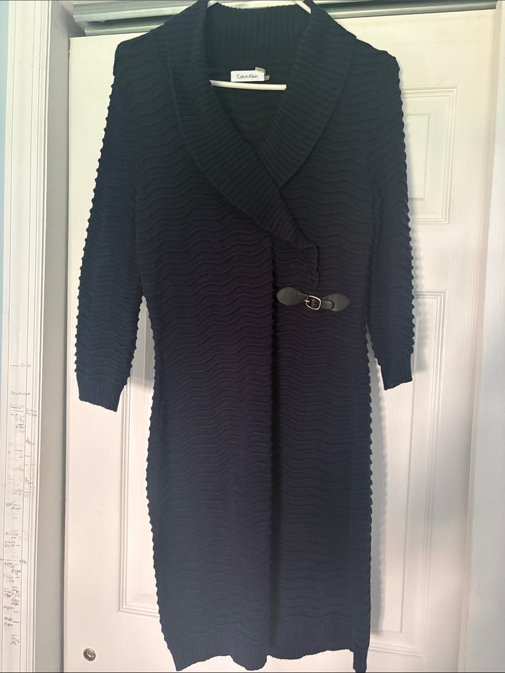 Calvin Klein Black Long Sleeve Shawl Collar Knit Dress with Buckle Detail